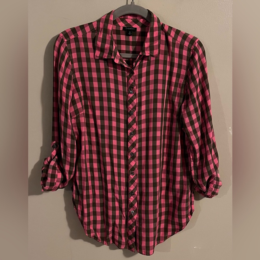 Talbots Pink and Black Plaid Button-Down Shirt